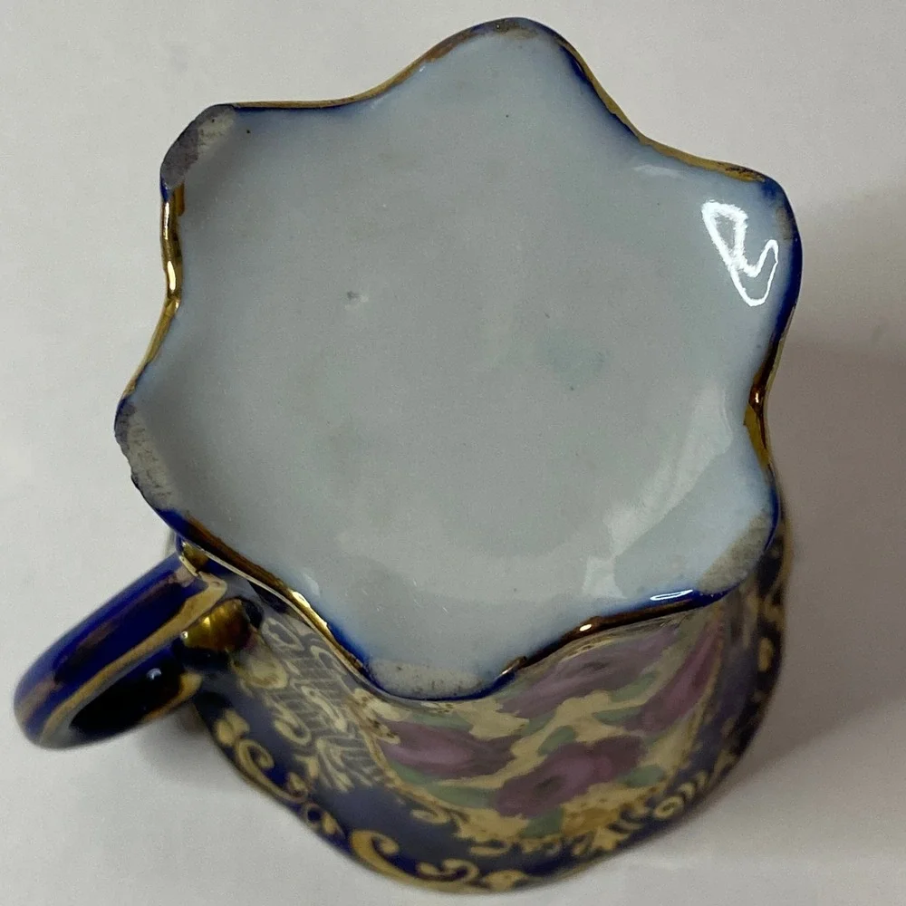 Antique Cobalt Blue Porcelain Tea Cup Gold Gilt Rose Medallion Scalloped Rim